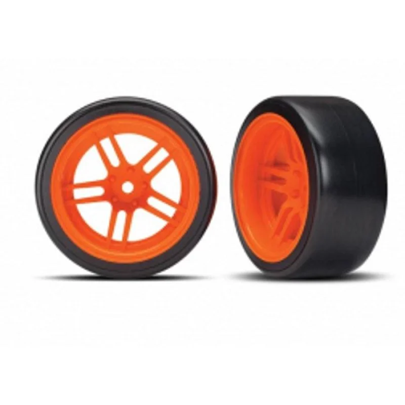 Traxxas Tire & Wheel Glued (Split-Spoke Orange Wheels, 1.9″ Drift Tires) Rear